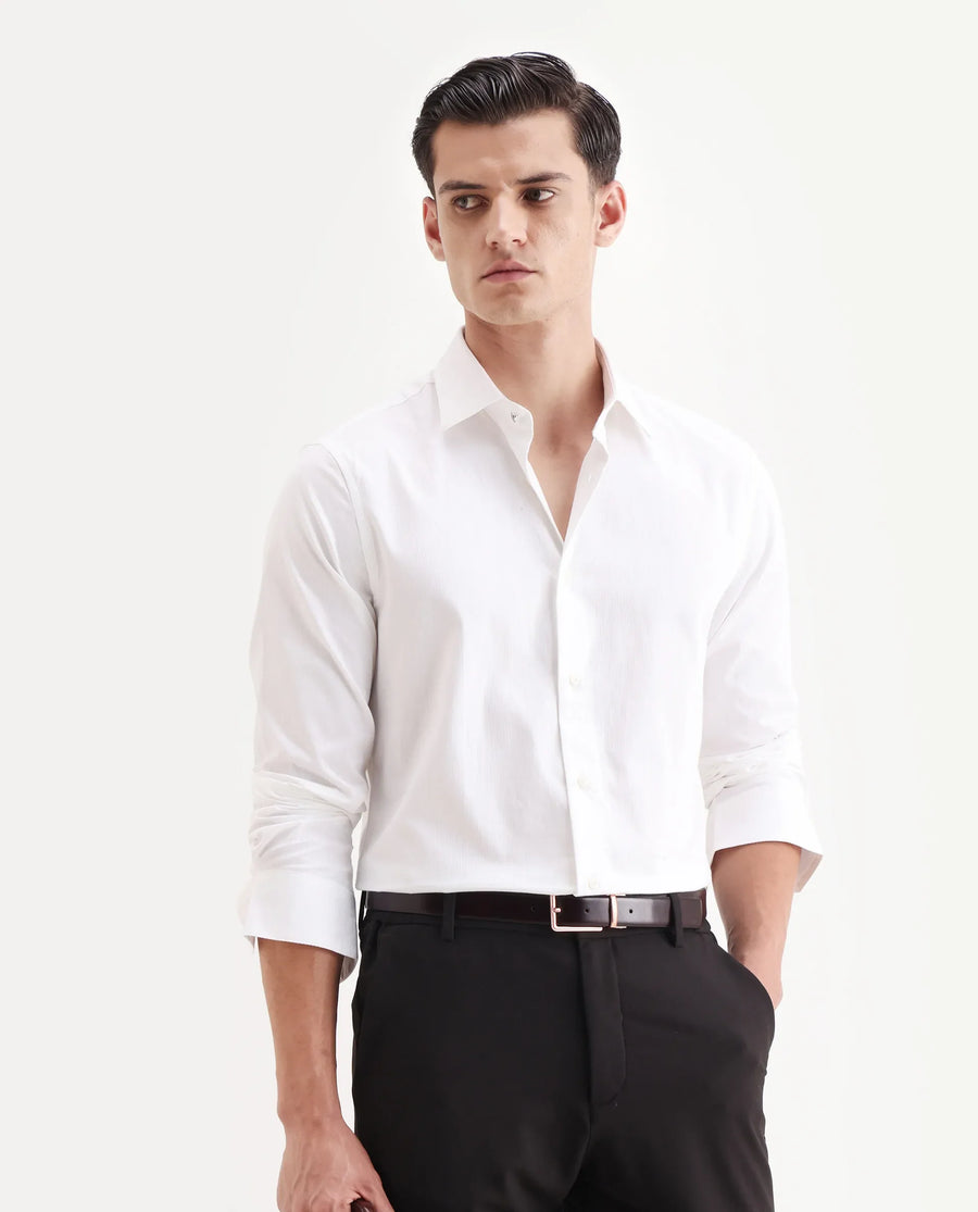 Rare Rabbit Men's Centi-25 White Cotton Fabric Spread Collar Regular Fit Plain Shirt