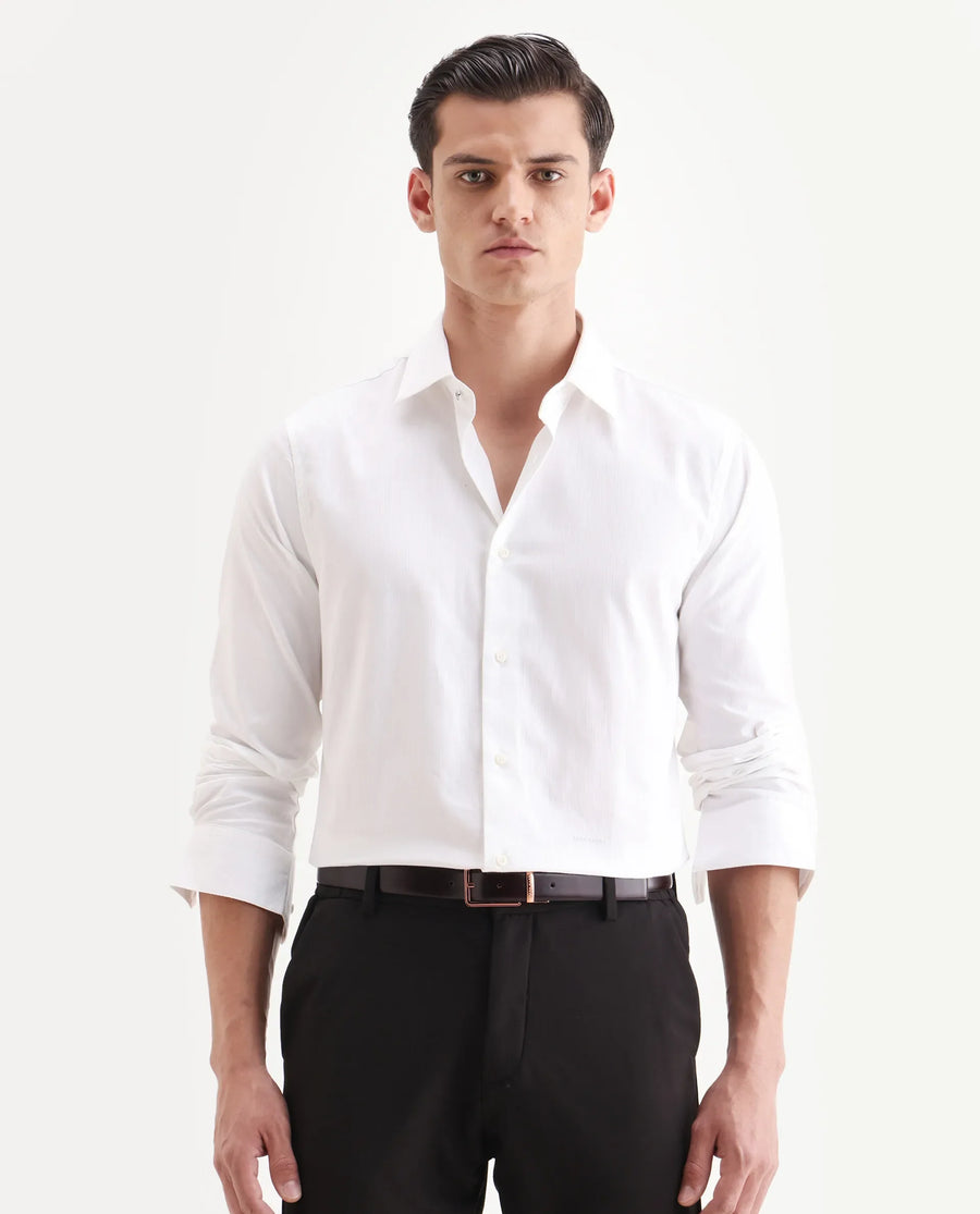 Rare Rabbit Men's Centi-25 White Cotton Fabric Spread Collar Regular Fit Plain Shirt