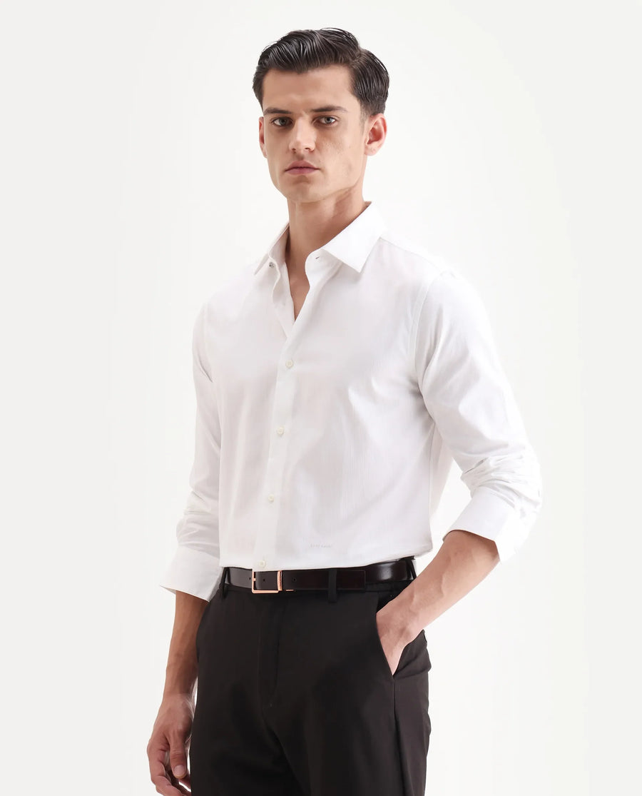 Rare Rabbit Men's Centi-25 White Cotton Fabric Spread Collar Regular Fit Plain Shirt