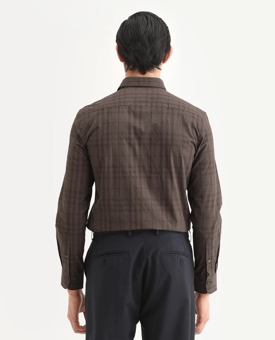 Rare Rabbit Men's Naro-25 Brown Cotton Checked Print Regular Fit Full Sleeve Spread Collar Shirt