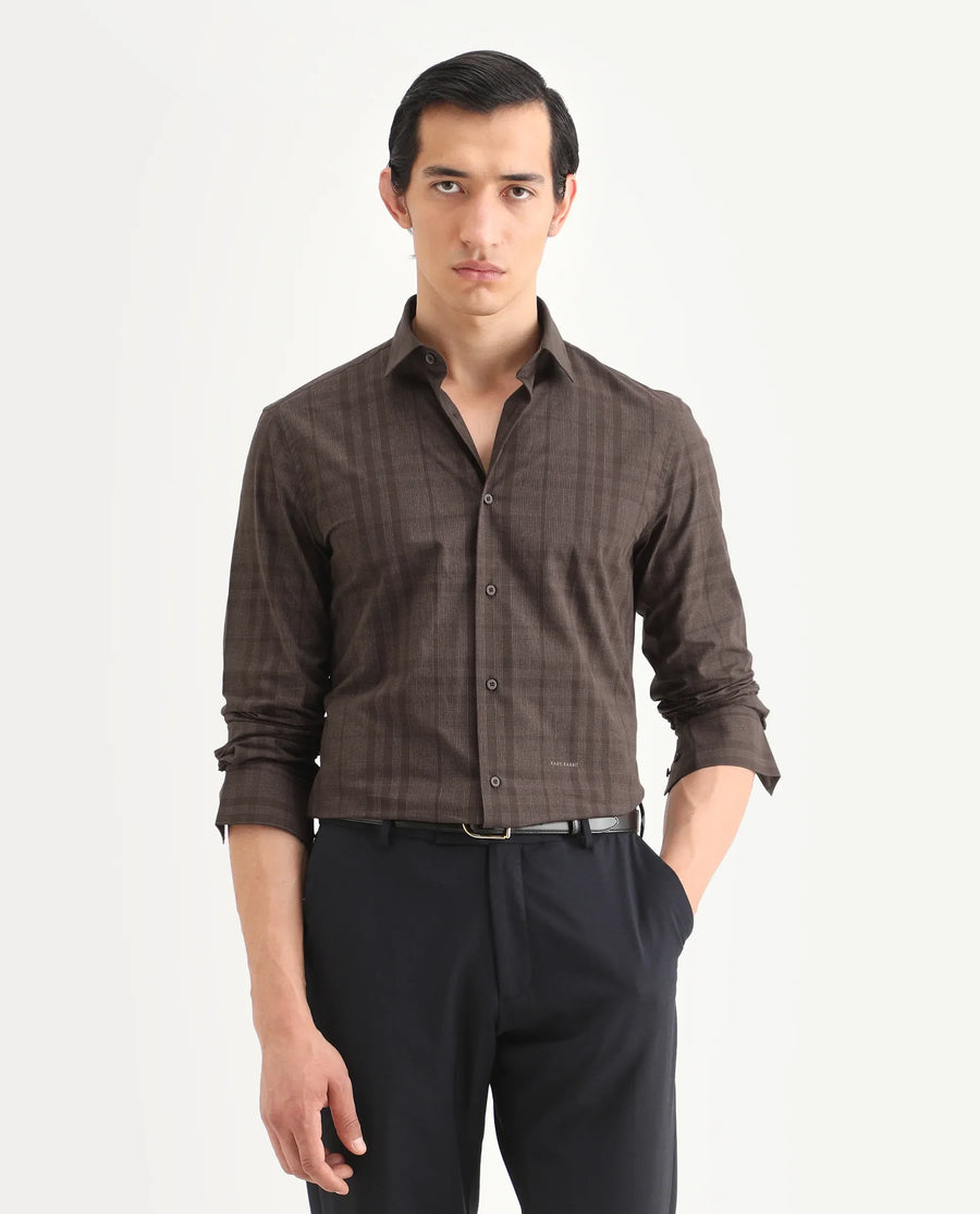Rare Rabbit Men's Naro-25 Brown Cotton Checked Print Regular Fit Full Sleeve Spread Collar Shirt
