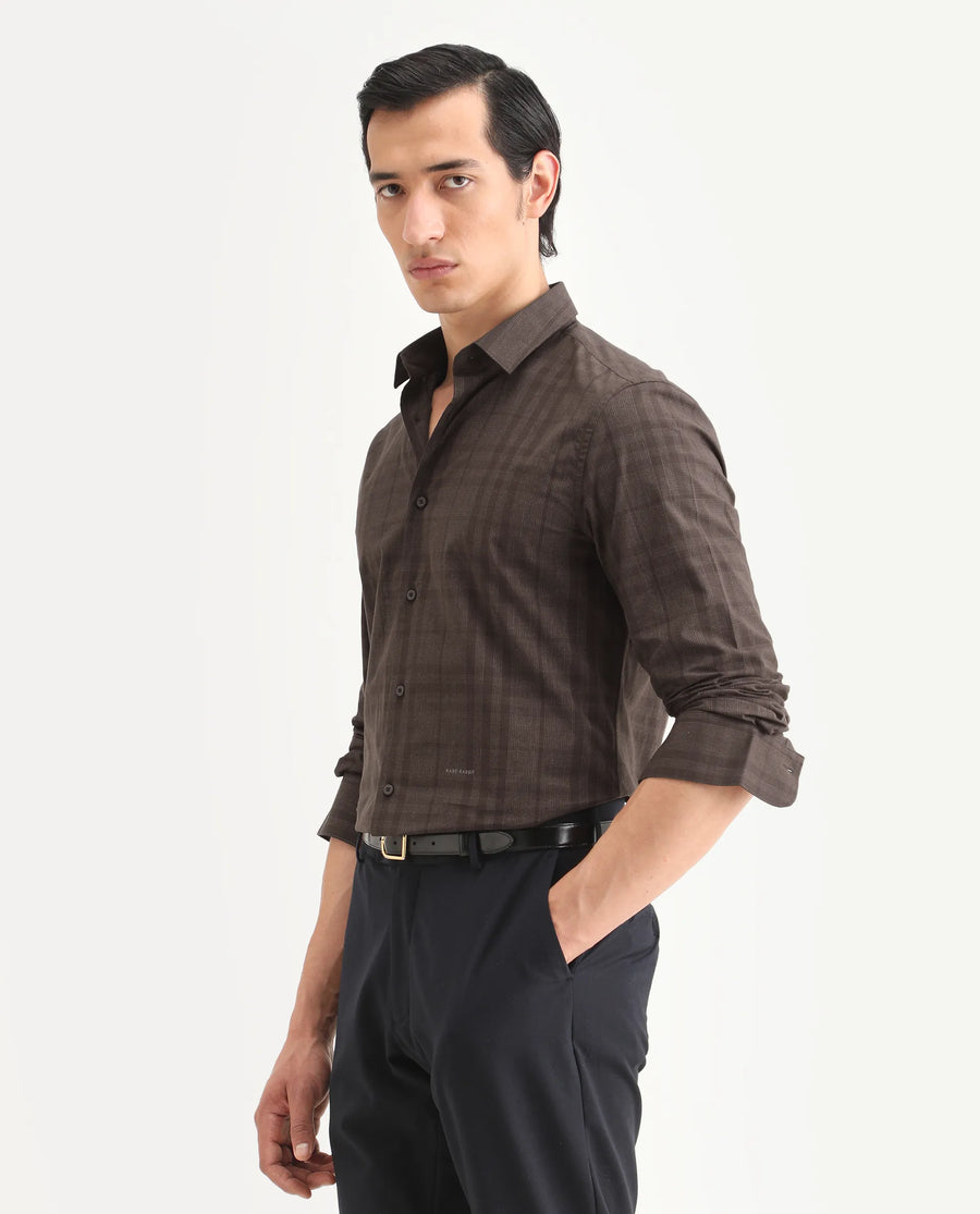 Rare Rabbit Men's Naro-25 Brown Cotton Checked Print Regular Fit Full Sleeve Spread Collar Shirt