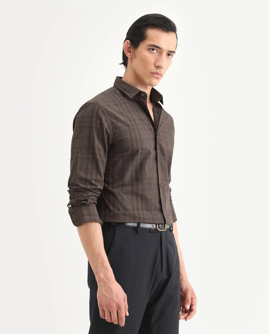 Rare Rabbit Men's Naro-25 Brown Cotton Checked Print Regular Fit Full Sleeve Spread Collar Shirt