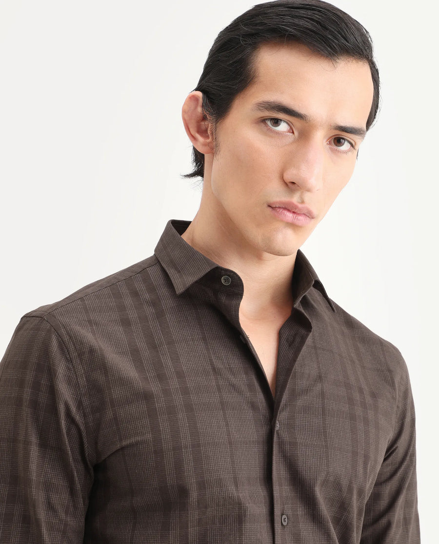 Rare Rabbit Men's Naro-25 Brown Cotton Checked Print Regular Fit Full Sleeve Spread Collar Shirt