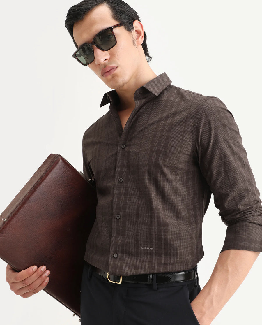 Rare Rabbit Men's Naro-25 Brown Cotton Checked Print Regular Fit Full Sleeve Spread Collar Shirt