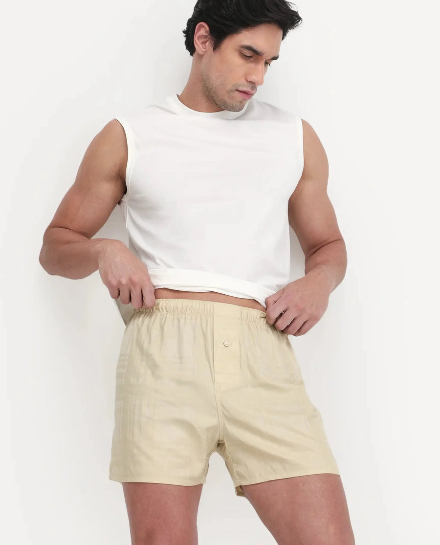 Rare Rabbit Men's Deval Beige Cotton Blend Fabric Regular Fit Checks Boxer