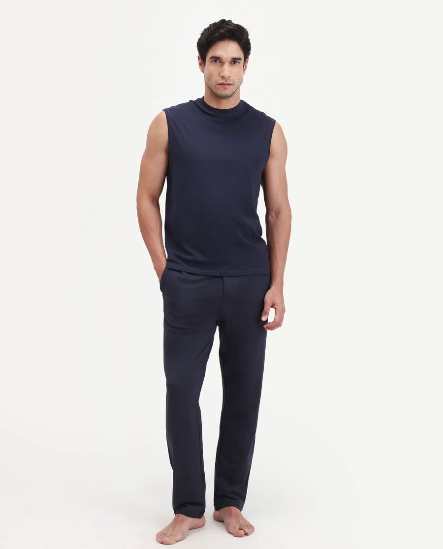 Rare Rabbit Men's Koney Navy Cotton Modal Spandex Fabric Regular Fit Plain Pajama