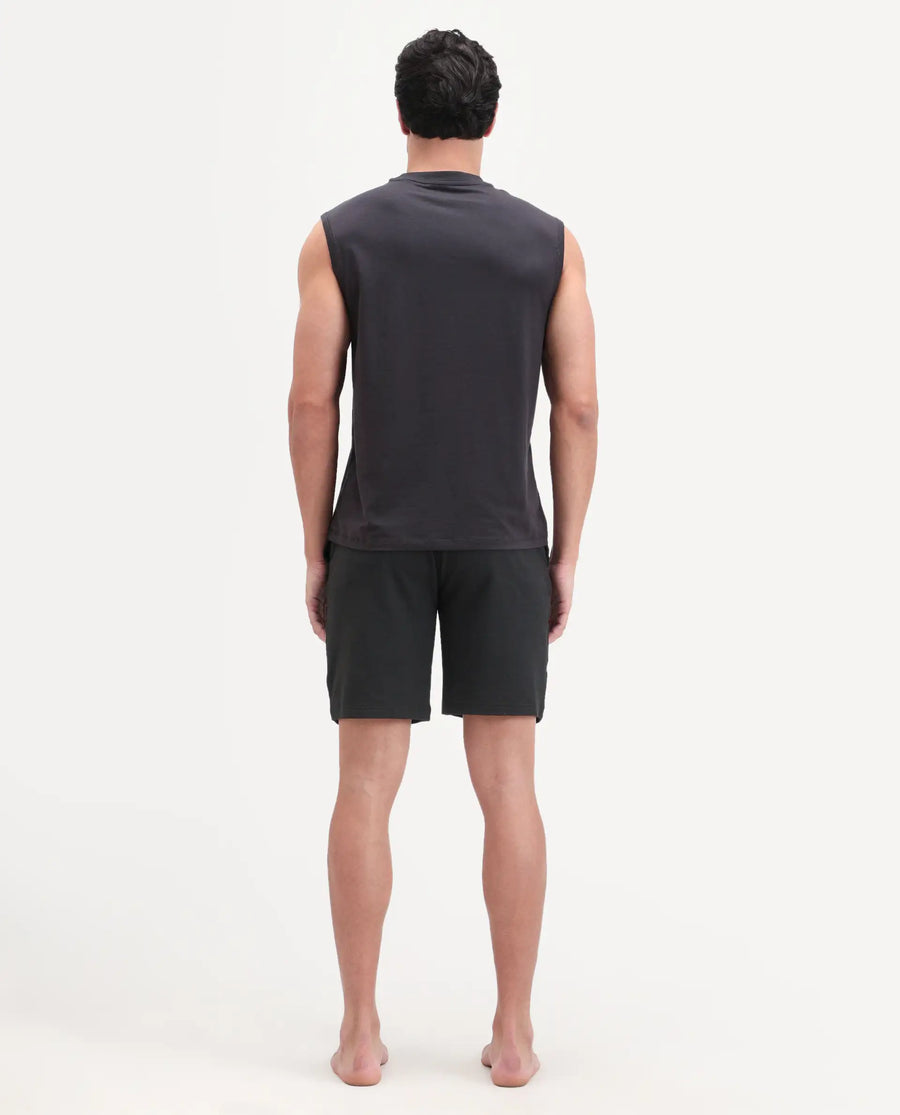 Rare Rabbit Men's Pont Black Cotton Fabric Relaxed Fit Plain Stretchable Shorts