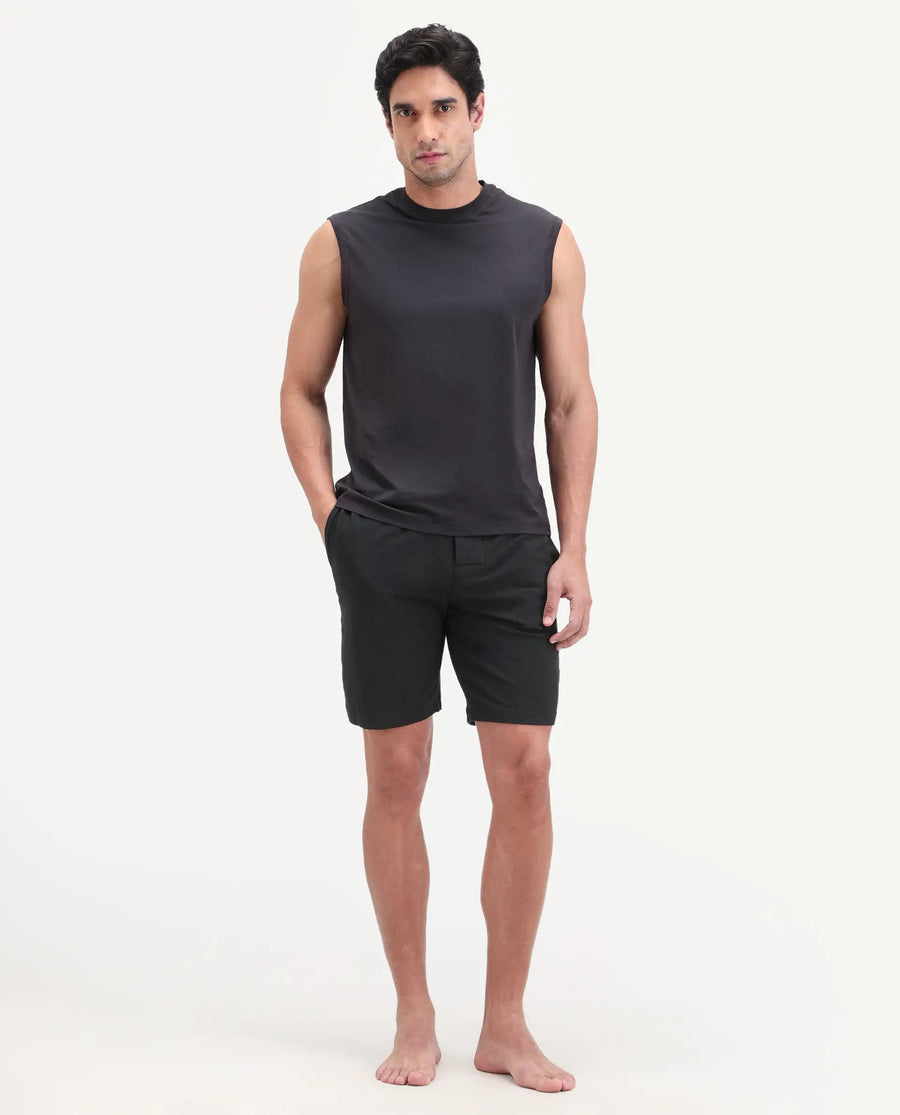 Rare Rabbit Men's Pont Black Cotton Fabric Relaxed Fit Plain Stretchable Shorts