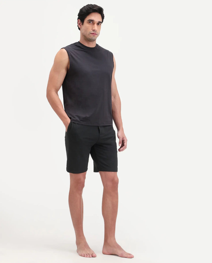 Rare Rabbit Men's Pont Black Cotton Fabric Relaxed Fit Plain Stretchable Shorts