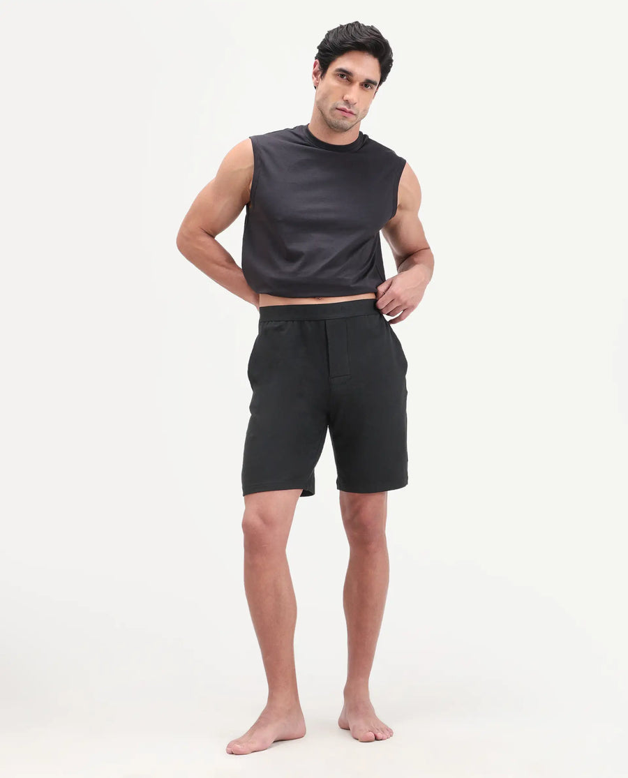 Rare Rabbit Men's Pont Black Cotton Fabric Relaxed Fit Plain Stretchable Shorts