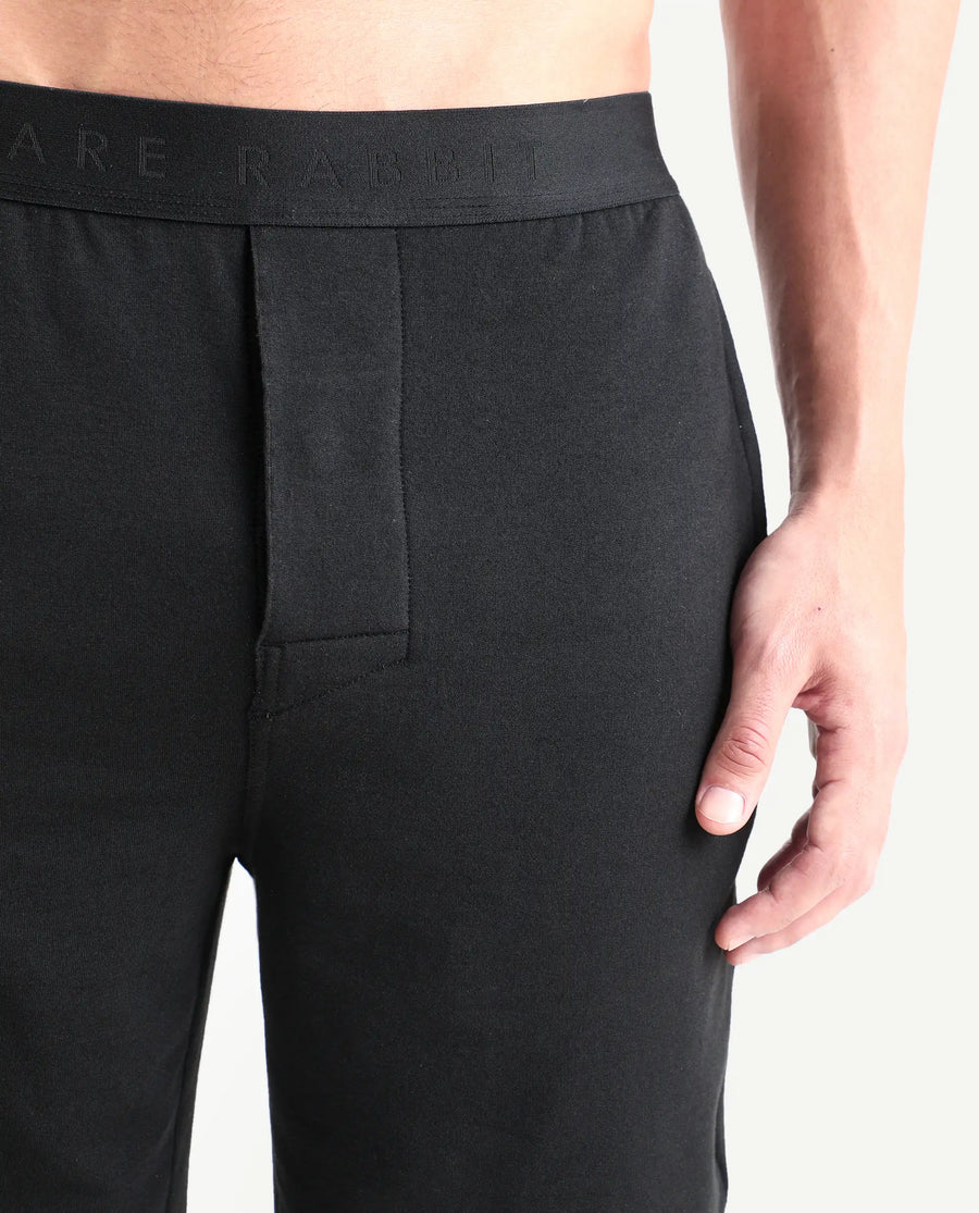 Rare Rabbit Men's Pont Black Cotton Fabric Relaxed Fit Plain Stretchable Shorts