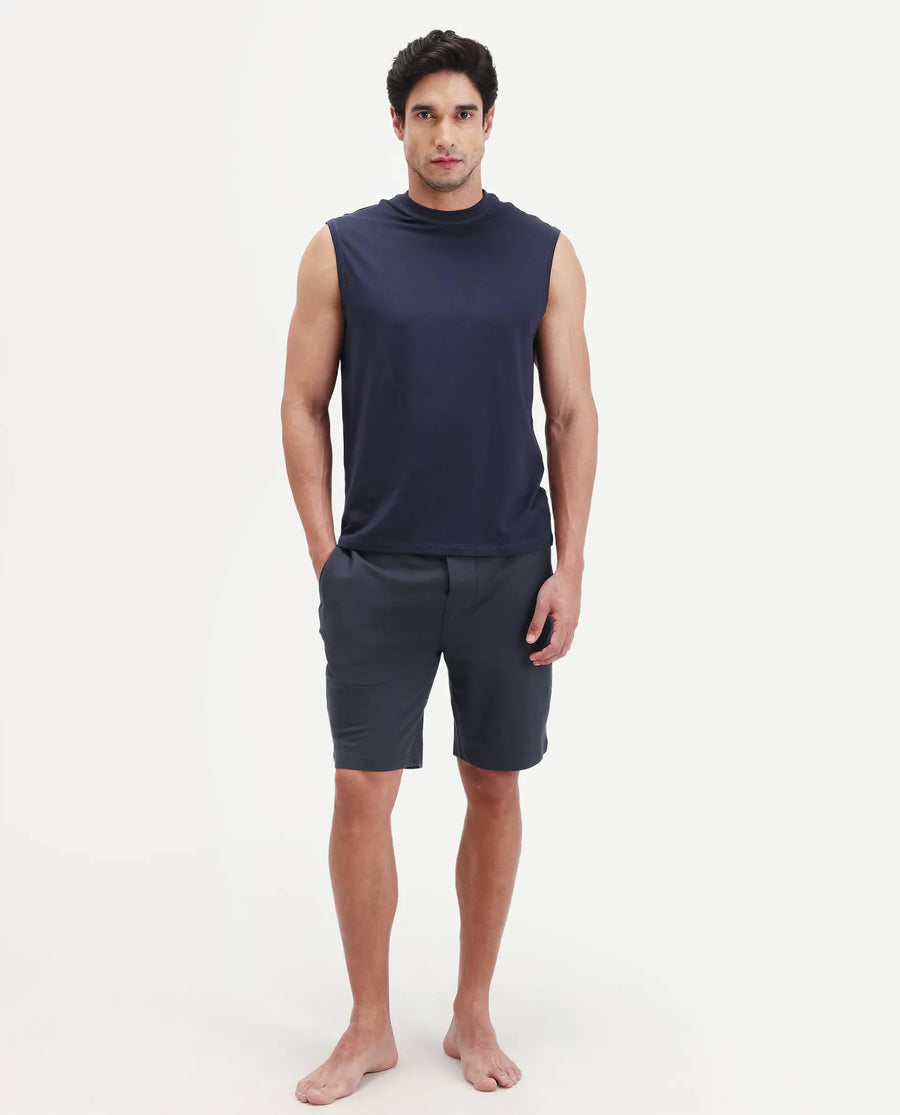 Rare Rabbit Men's Pont Navy Cotton Fabric Relaxed Fit Plain Stretchable Shorts