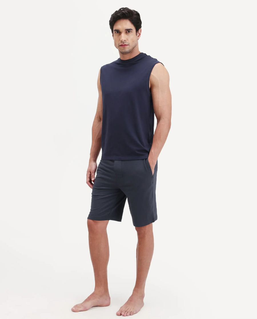 Rare Rabbit Men's Pont Navy Cotton Fabric Relaxed Fit Plain Stretchable Shorts