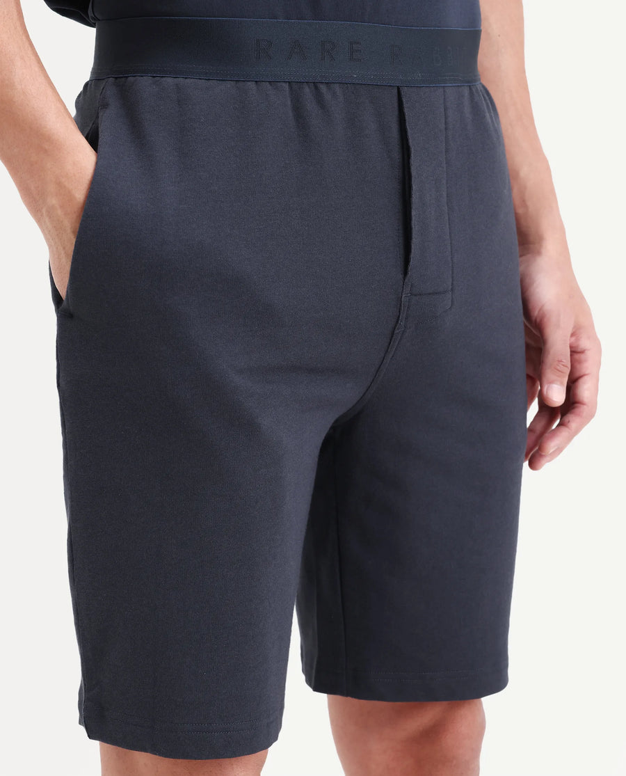 Rare Rabbit Men's Pont Navy Cotton Fabric Relaxed Fit Plain Stretchable Shorts