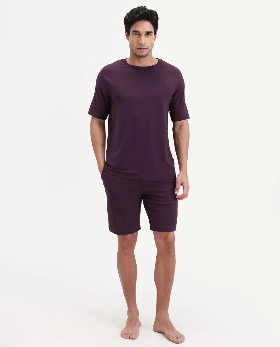 Rare Rabbit Men's Pont Maroon Cotton Fabric Relaxed Fit Plain Stretchable Shorts