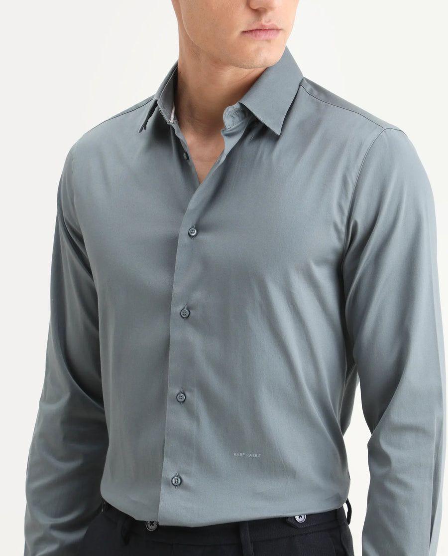 Rare Rabbit Men's Como-25 Dusky Blue Cotton Blend Plain Regular Fit Full Sleeve Collared Shirt