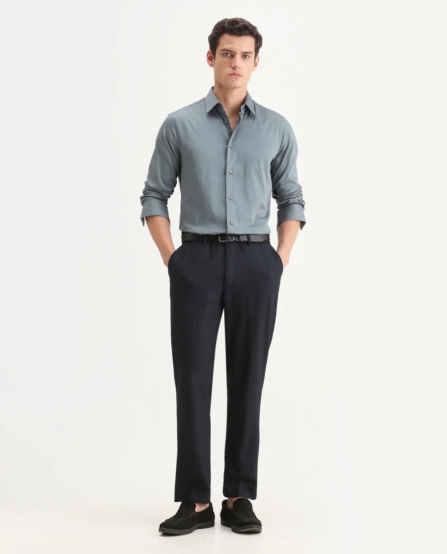 Rare Rabbit Men's Como-25 Dusky Blue Cotton Blend Plain Regular Fit Full Sleeve Collared Shirt