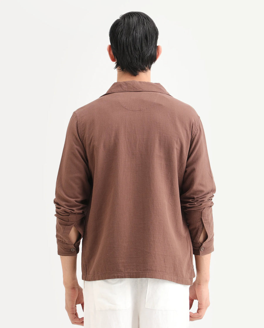 Rare Rabbit Men's Prest-25 Dusky Brown Cotton Plain Regular Fit Full Sleeve Collared Shacket