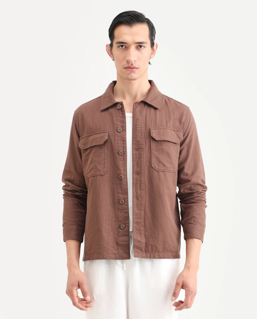 Rare Rabbit Men's Prest-25 Dusky Brown Cotton Plain Regular Fit Full Sleeve Collared Shacket