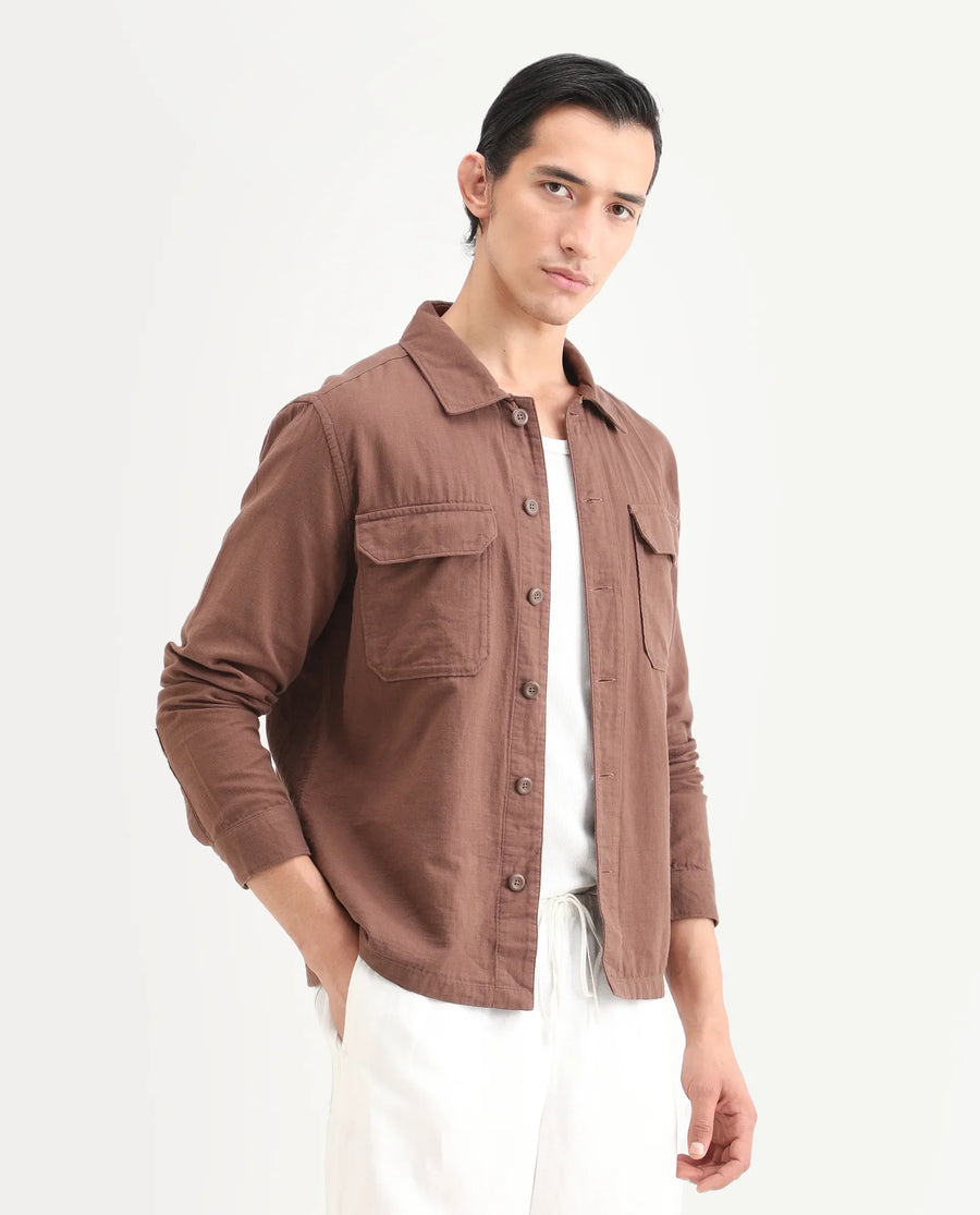 Rare Rabbit Men's Prest-25 Dusky Brown Cotton Plain Regular Fit Full Sleeve Collared Shacket