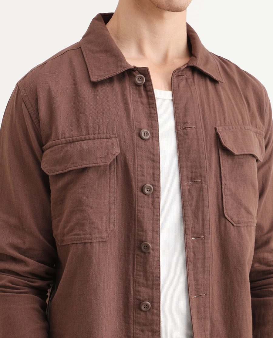Rare Rabbit Men's Prest-25 Dusky Brown Cotton Plain Regular Fit Full Sleeve Collared Shacket