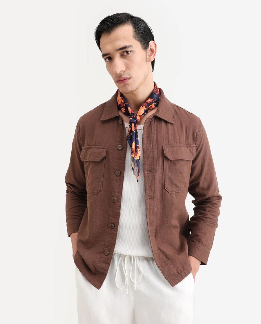 Rare Rabbit Men's Prest-25 Dusky Brown Cotton Plain Regular Fit Full Sleeve Collared Shacket