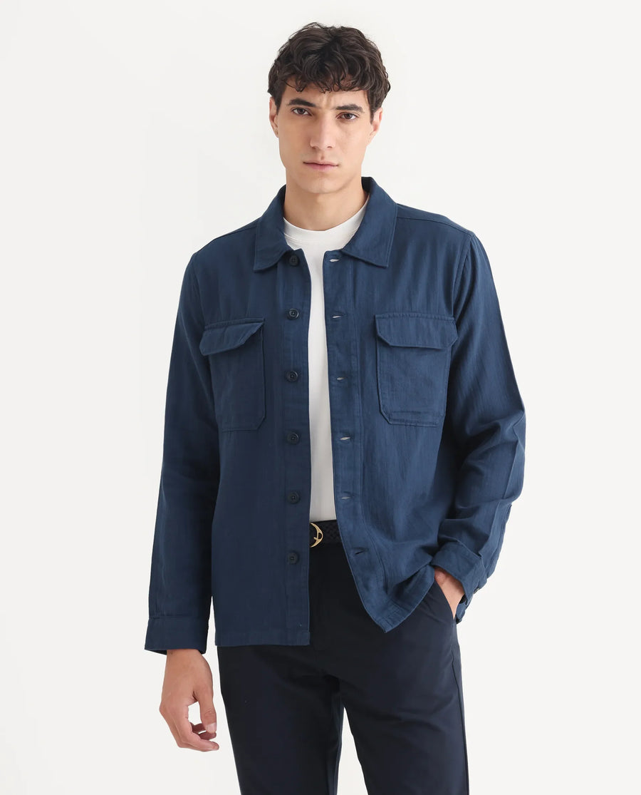 Rare Rabbit Men's Prest-25 Dusky Blue Cotton Plain Regular Fit Full Sleeve Collared Shacket