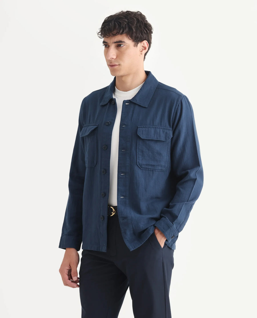 Rare Rabbit Men's Prest-25 Dusky Blue Cotton Plain Regular Fit Full Sleeve Collared Shacket