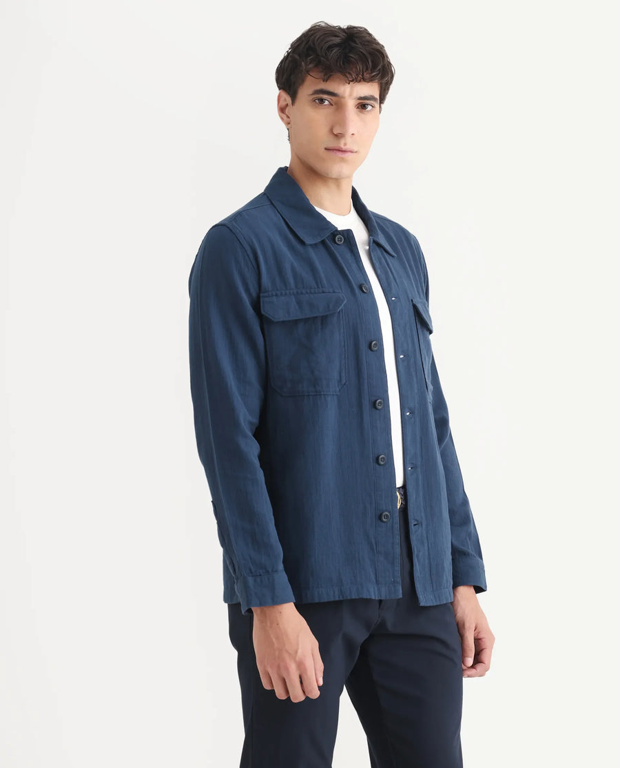 Rare Rabbit Men's Prest-25 Dusky Blue Cotton Plain Regular Fit Full Sleeve Collared Shacket