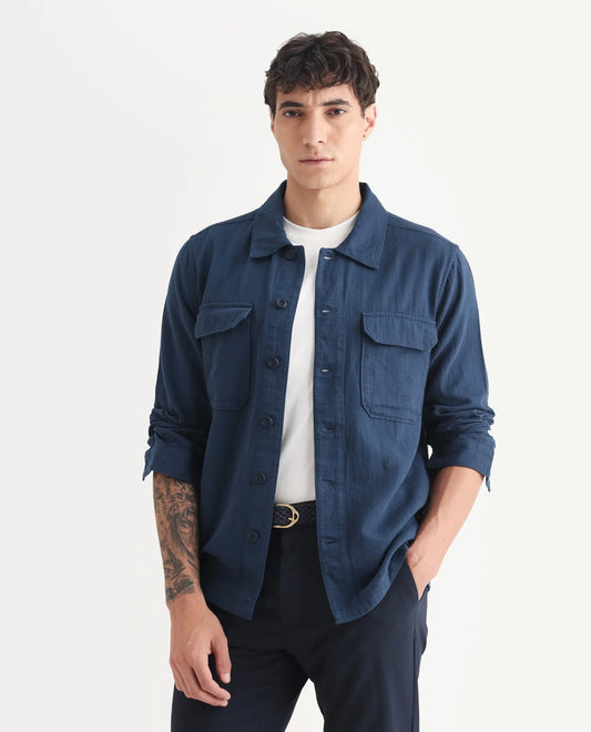 Rare Rabbit Men's Prest-25 Dusky Blue Cotton Plain Regular Fit Full Sleeve Collared Shacket
