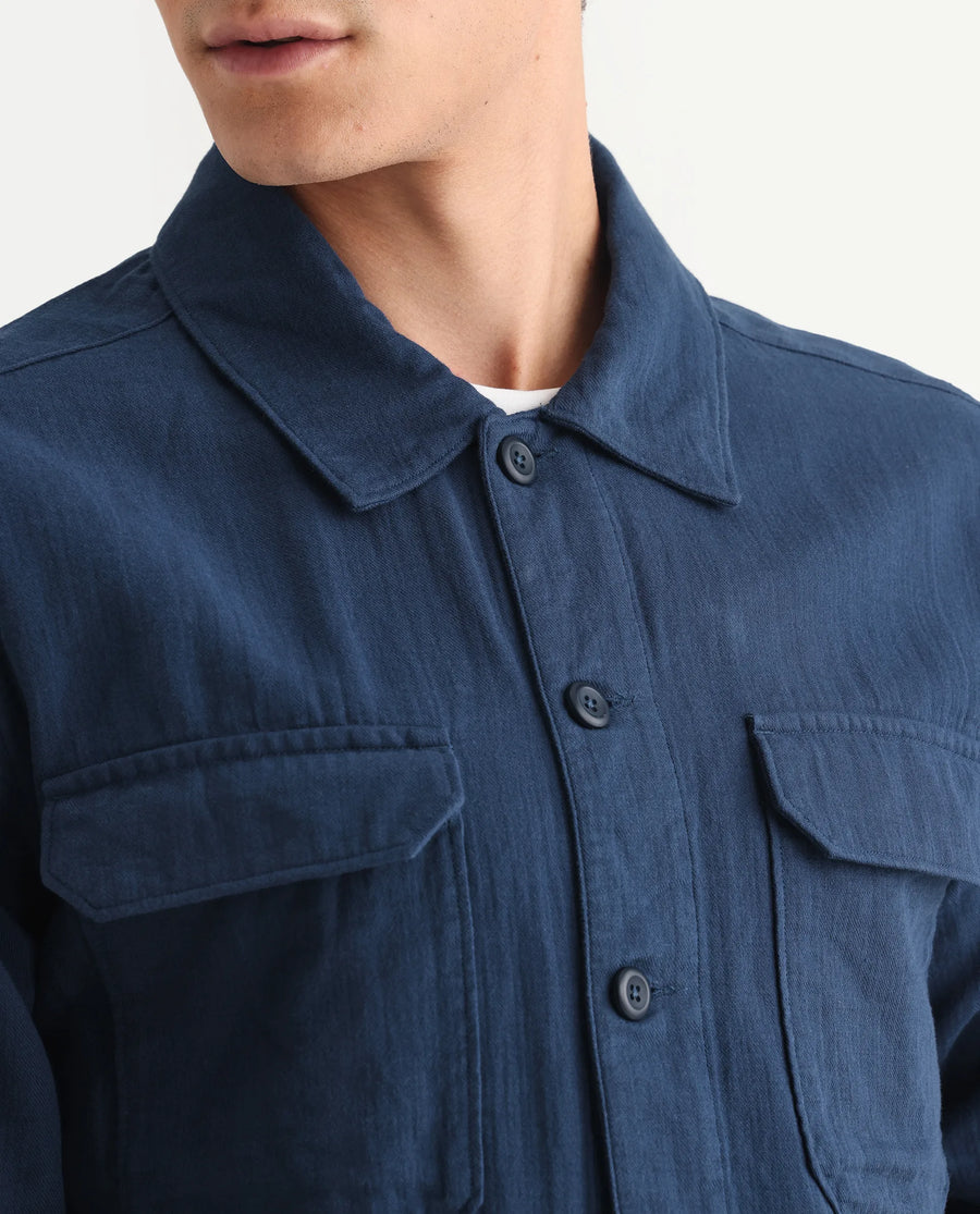 Rare Rabbit Men's Prest-25 Dusky Blue Cotton Plain Regular Fit Full Sleeve Collared Shacket