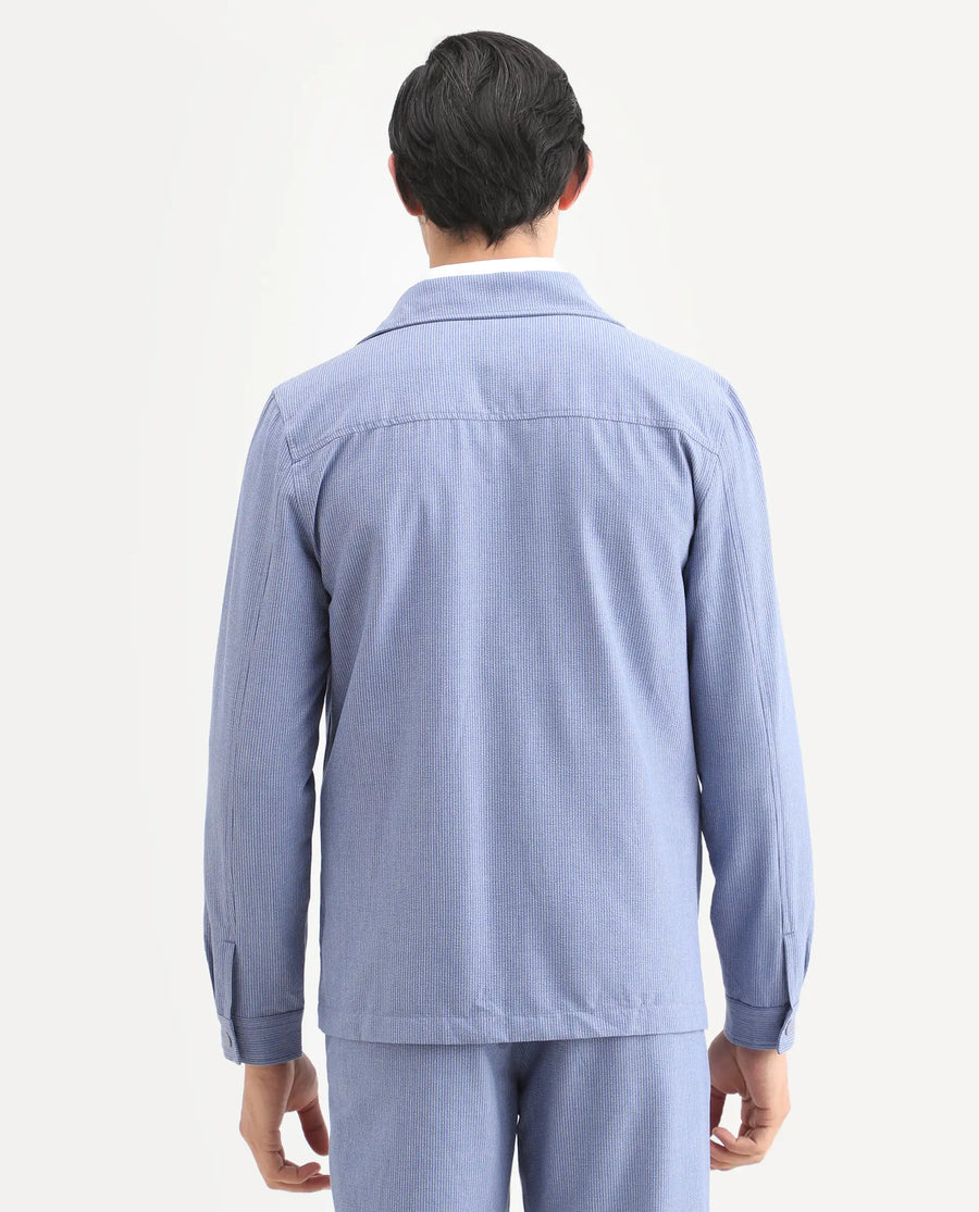 Rare Rabbit Men's Horns Blue Polyester Blend Striped Print Relaxed Fit Full Sleeve Collared Shacket