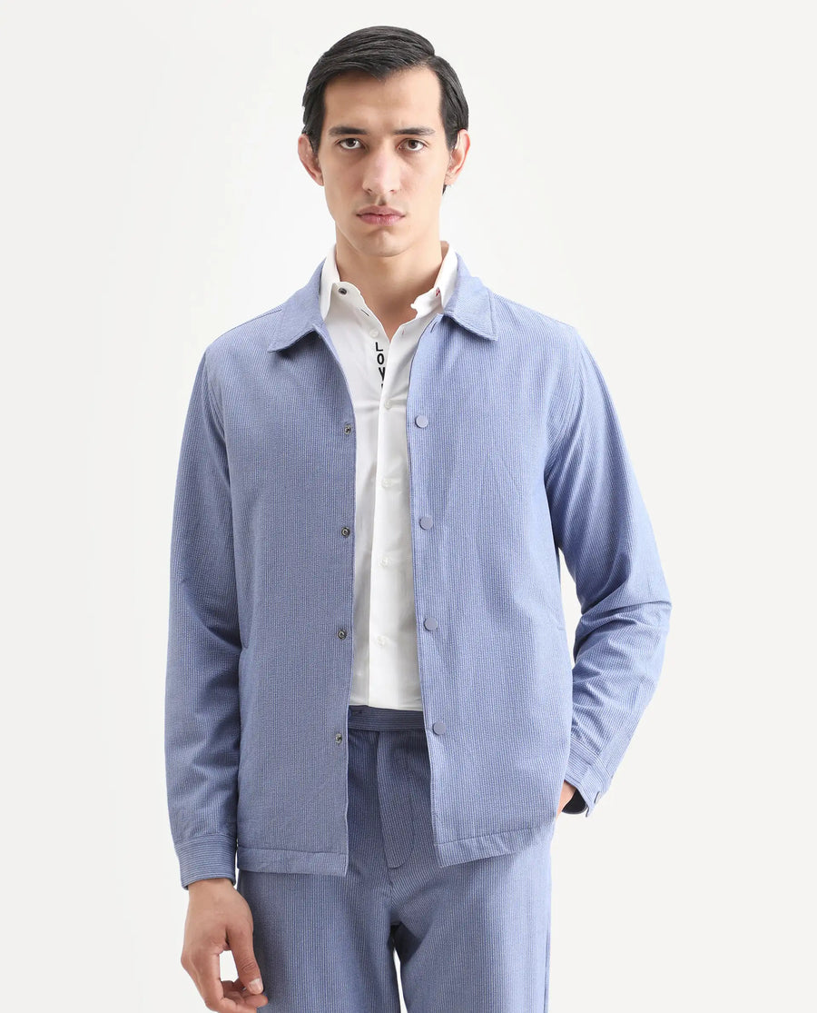 Rare Rabbit Men's Horns Blue Polyester Blend Striped Print Relaxed Fit Full Sleeve Collared Shacket