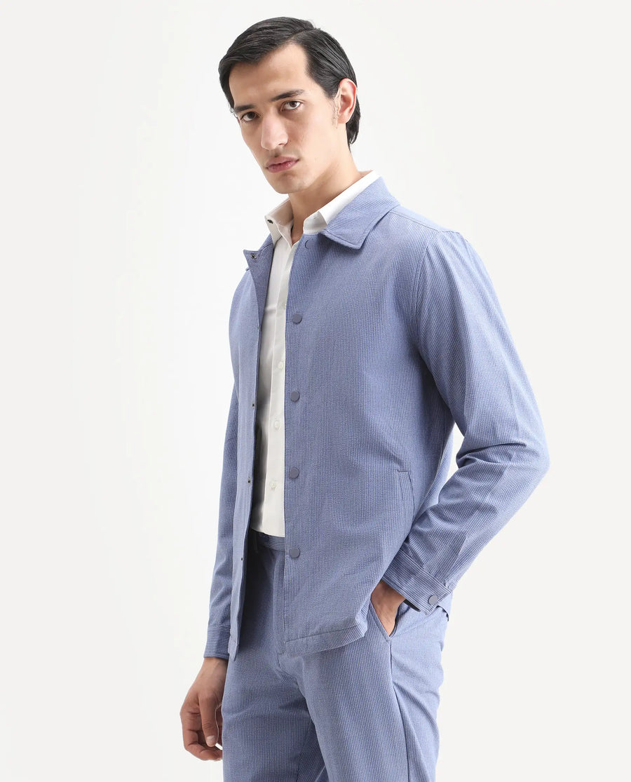 Rare Rabbit Men's Horns Blue Polyester Blend Striped Print Relaxed Fit Full Sleeve Collared Shacket