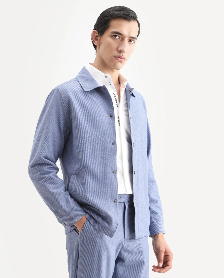 Rare Rabbit Men's Horns Blue Polyester Blend Striped Print Relaxed Fit Full Sleeve Collared Shacket