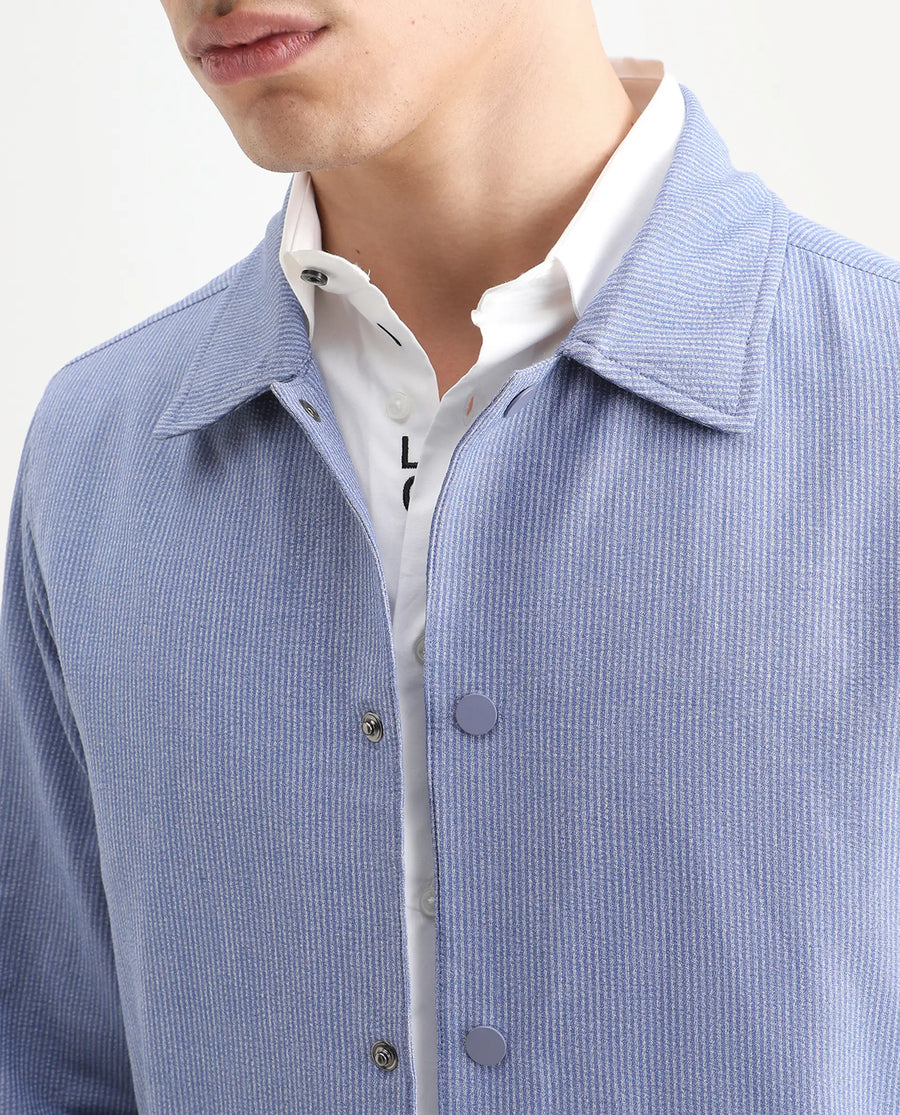 Rare Rabbit Men's Horns Blue Polyester Blend Striped Print Relaxed Fit Full Sleeve Collared Shacket