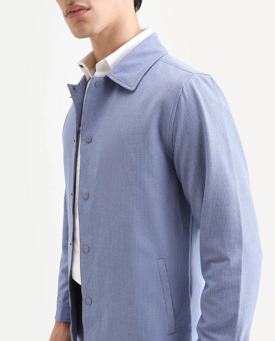 Rare Rabbit Men's Horns Blue Polyester Blend Striped Print Relaxed Fit Full Sleeve Collared Shacket