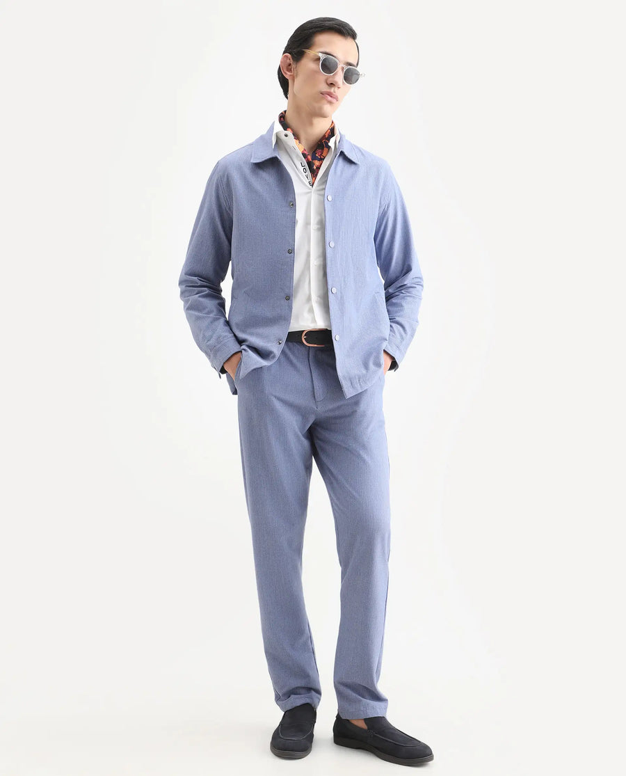 Rare Rabbit Men's Horns Blue Polyester Blend Striped Print Relaxed Fit Full Sleeve Collared Shacket