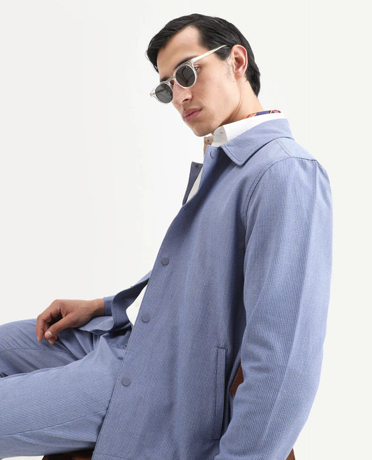 Rare Rabbit Men's Horns Blue Polyester Blend Striped Print Relaxed Fit Full Sleeve Collared Shacket