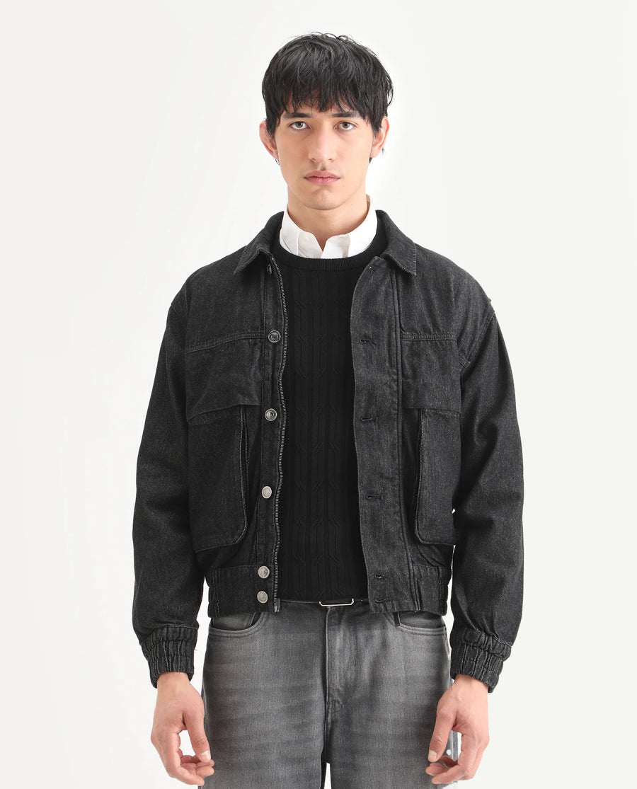 Rare Rabbit Men's Circe Black Cotton Plain Oversized Fit Full Sleeve Spread Collar Jacket