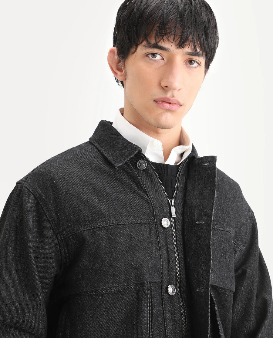 Rare Rabbit Men's Circe Black Cotton Plain Oversized Fit Full Sleeve Spread Collar Jacket