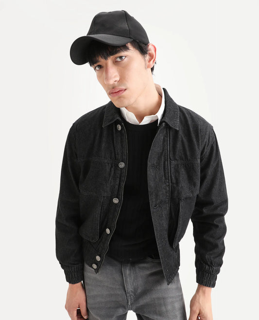 Rare Rabbit Men's Circe Black Cotton Plain Oversized Fit Full Sleeve Spread Collar Jacket