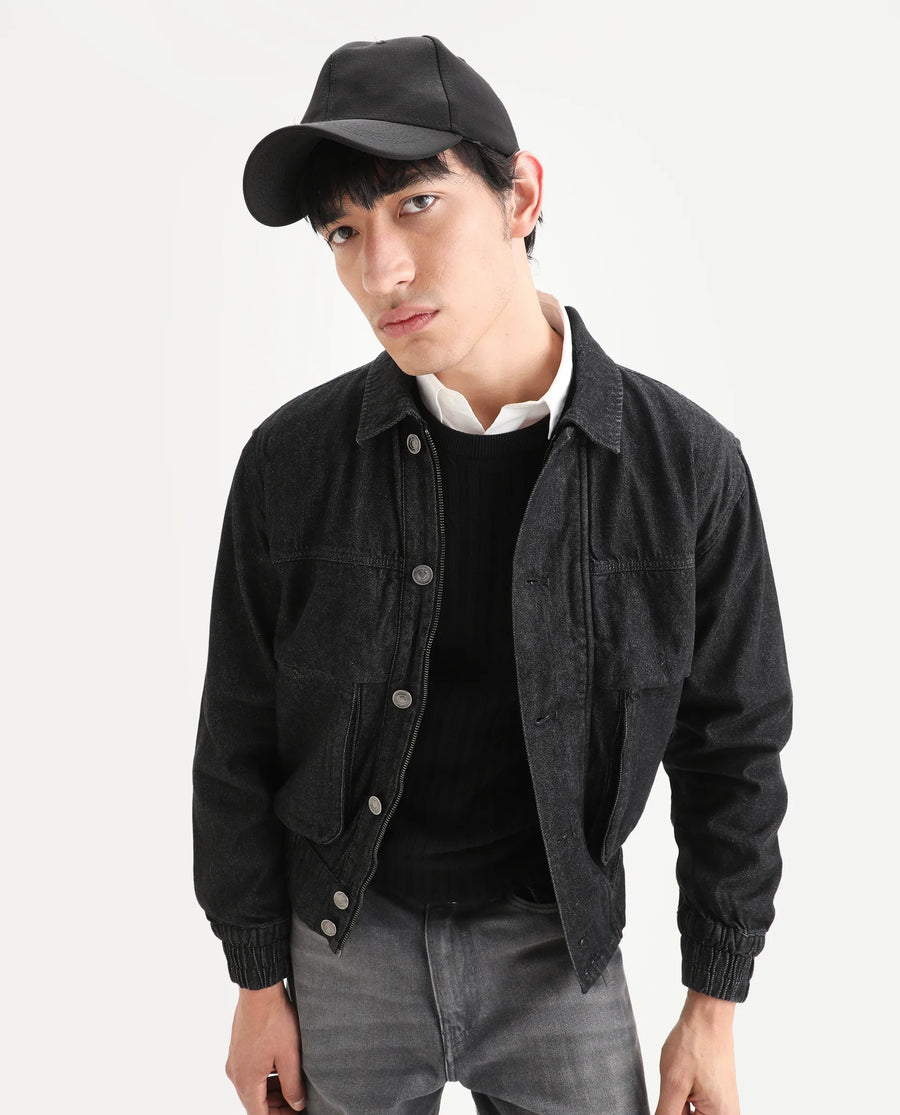 Rare Rabbit Men's Circe Black Cotton Plain Oversized Fit Full Sleeve Spread Collar Jacket