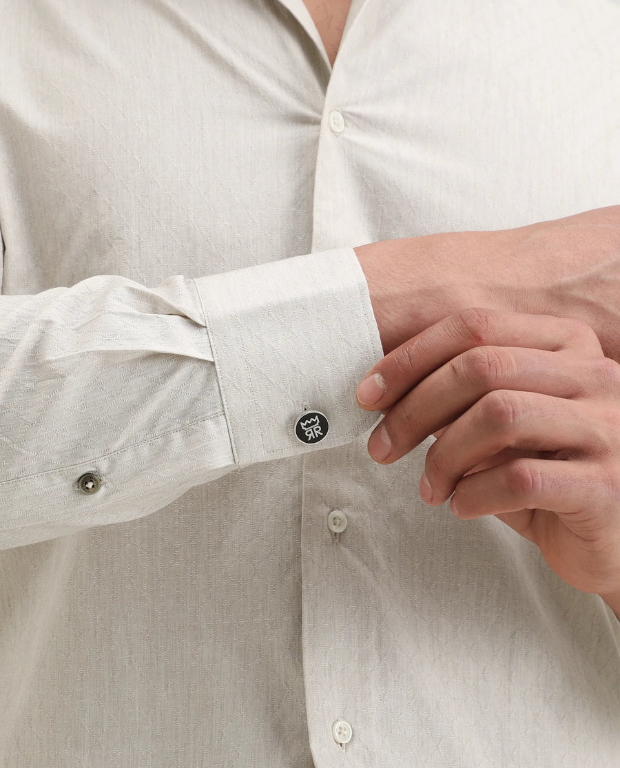 Rare Rabbit Men's Plib Beige Cotton Jacquard Regular Fit Full Sleeve Collared Shirt