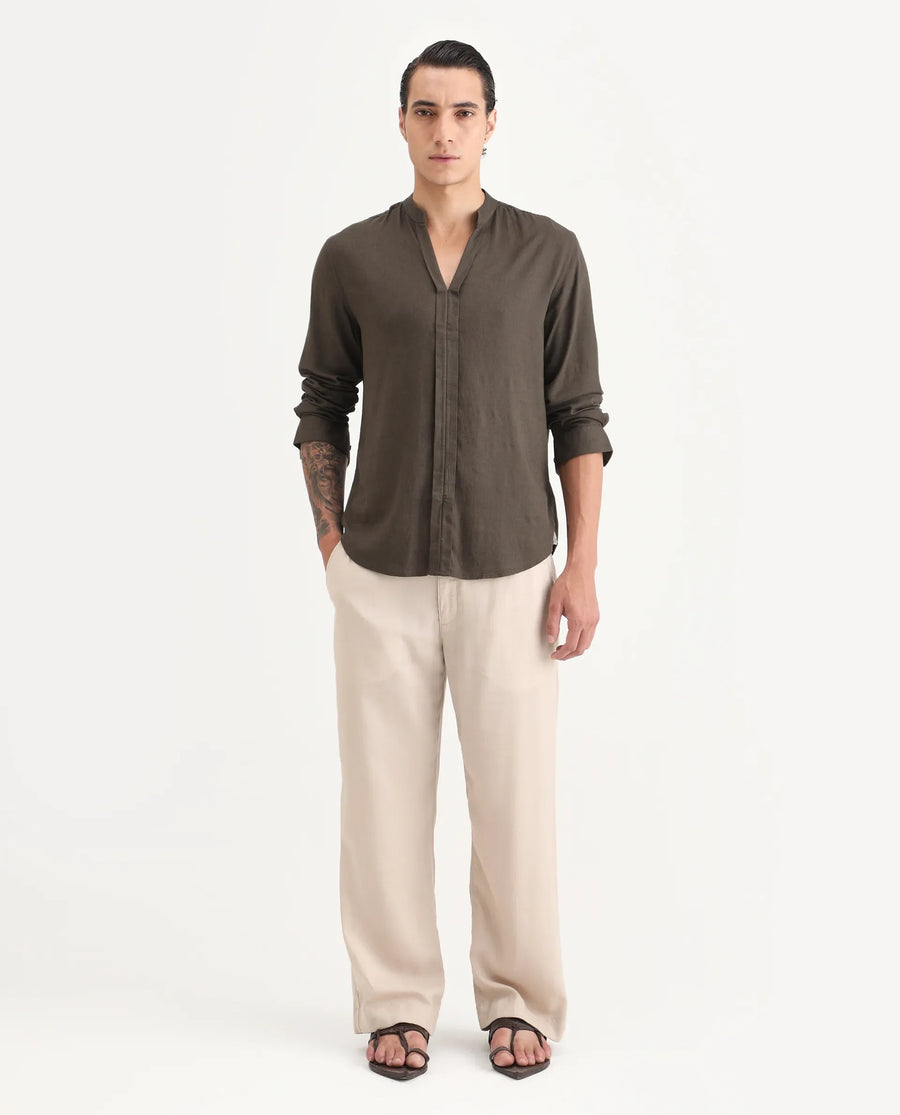 Rare Rabbit Men Kurt Dark Olive Linen Blend Fabric Full Sleeve Mandarin Collar Button Closure Plain Shirt