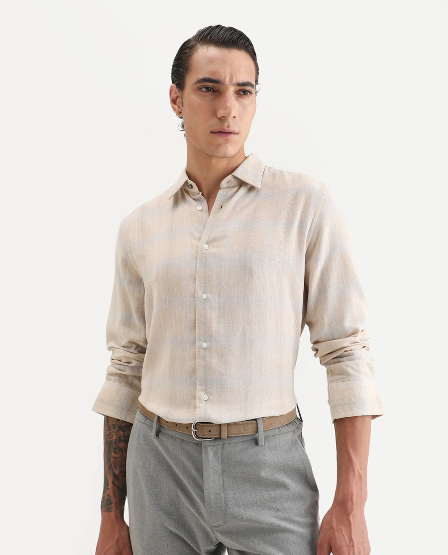 Rare Rabbit Men Eamon Light Beige Linen Blend Checked Print Regular Fit Full Sleeve Collared Shirt