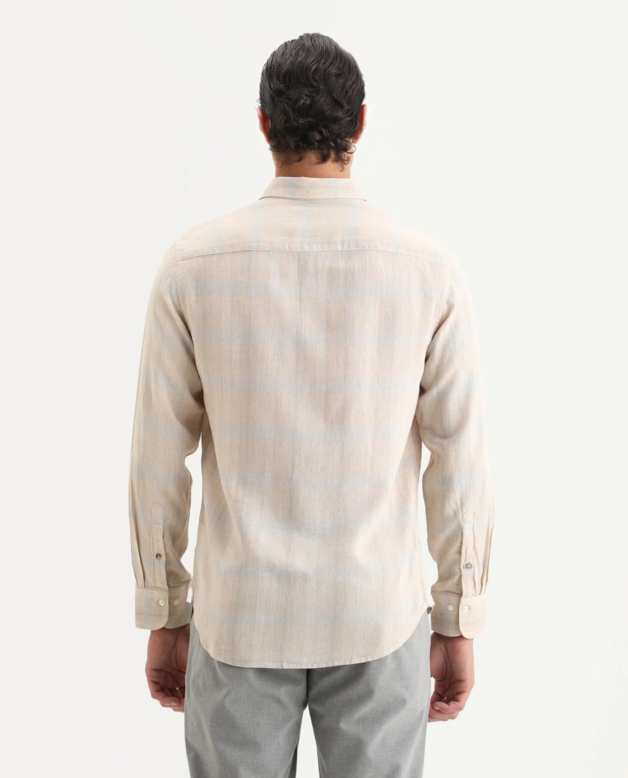 Rare Rabbit Men Eamon Light Beige Linen Blend Checked Print Regular Fit Full Sleeve Collared Shirt