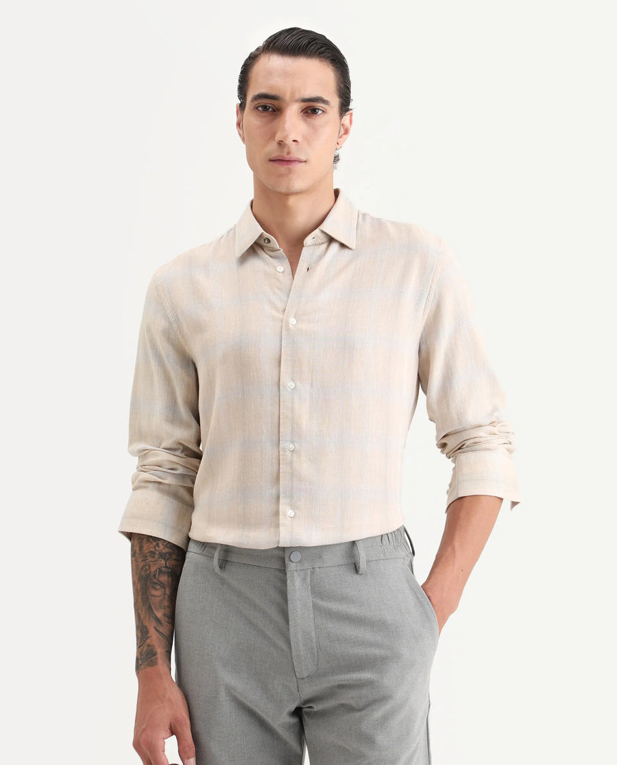 Rare Rabbit Men Eamon Light Beige Linen Blend Checked Print Regular Fit Full Sleeve Collared Shirt