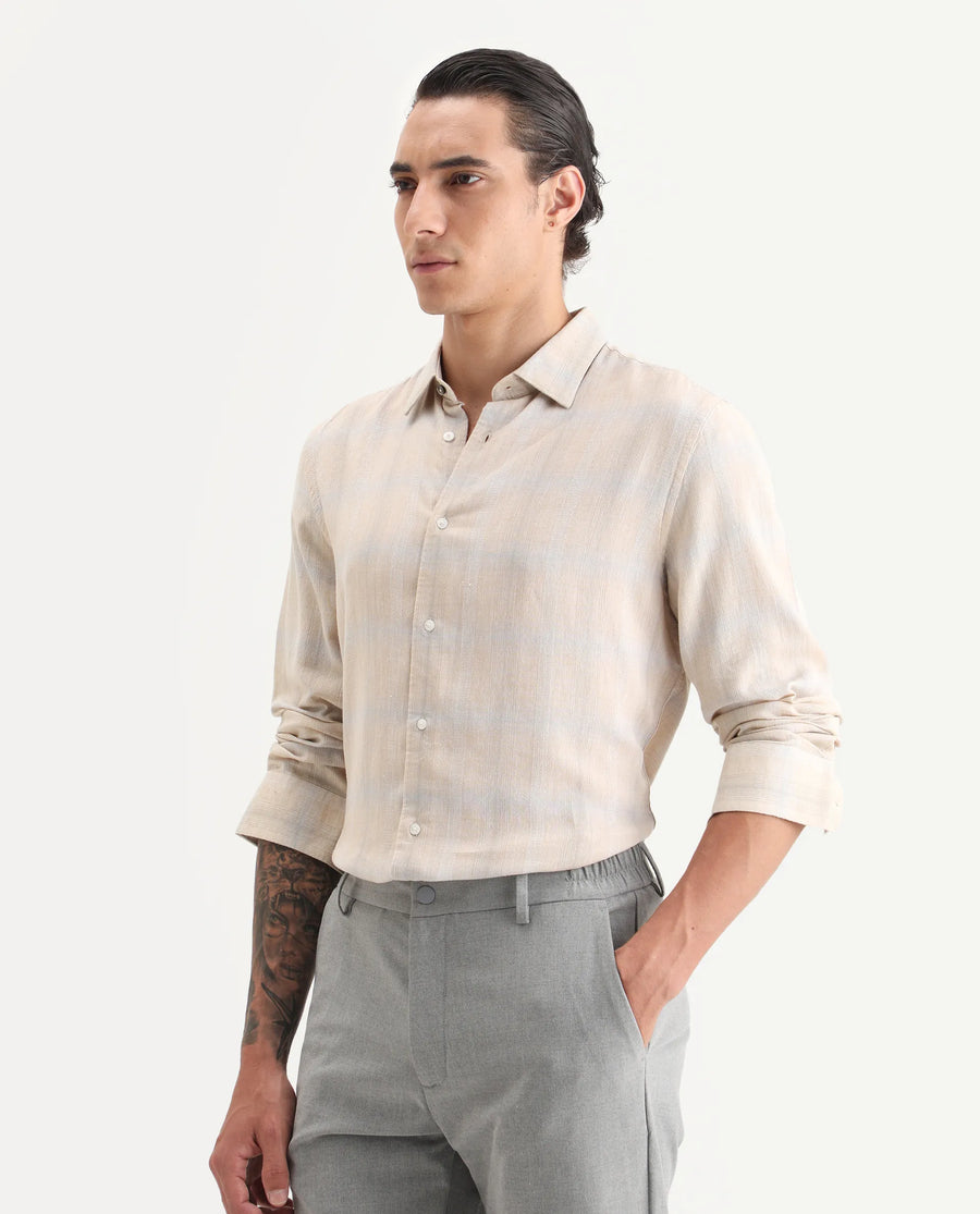 Rare Rabbit Men Eamon Light Beige Linen Blend Checked Print Regular Fit Full Sleeve Collared Shirt